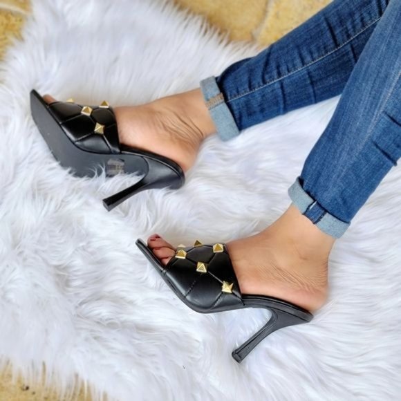 Women's Black Roman Stud Quilted Slide High Heel Sandals - Picture 6 of 6